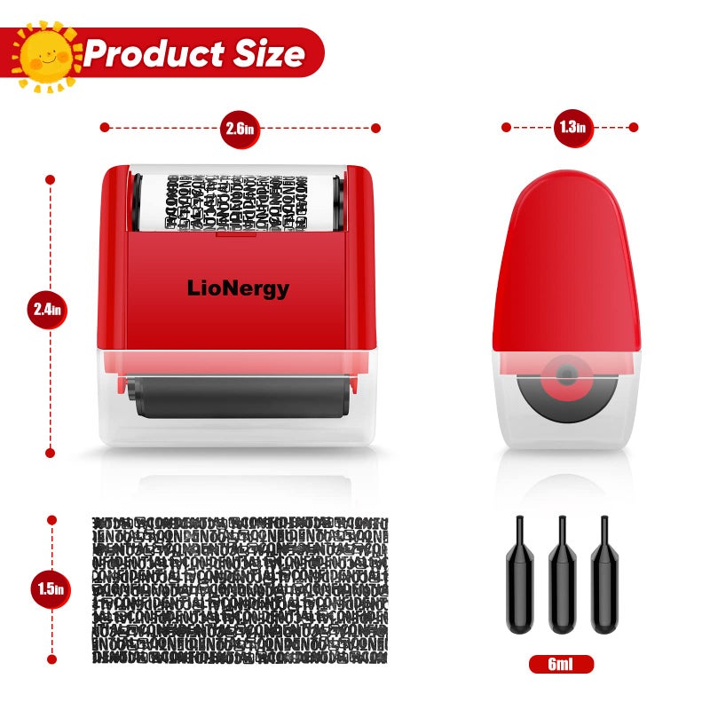 Lionergy Identity Protection Roller Stamp LioNergy Roller Identity Theft Prevention Security Stamp with 3 Refills - Red - Image 2